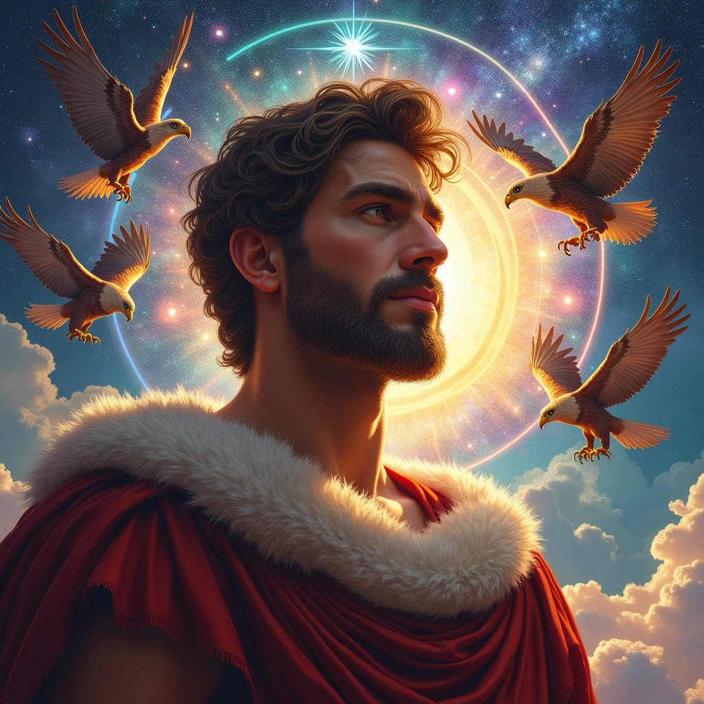 ((masterpiece)), ((Highest quality)), ((High resolution)), ((Highly detailed CG Unity 8k wallpaper)), Roman Emperor Constantine１The Great Emperor、Fluffy hair、Bright and sharp eyes、eyes like a lion、Leisurely Actions、Calm and Composed Expression、Aura of Majesty、neck as thick as a bull、Eagles and Hawks Are Fond of Him、Tarot Cards、Oracle Cards、『world』、In the Style of William Blake、Gustave Moreau's Painting Style、Ancient and Modern、輝く未来とhope、The Universe、Dazzling Light at the Galactic Center、Sagittarius Galactic Center、Flood of light、The colorful sparkle of gemstones、Lu Li Guangcai、Play-of-color effects、Paradise、Eden、Heavenly Jerusalem、Nostalgia、hope、永遠のhappiness、Genesis、Revelation、Alpha and omega、Healing、Longing and fulfillment、Everything is for the best、bless、Heavenly Purification、Bliss of All Things、happiness、Eternal Life、completely、perfection、Forgiveness、occultism、Symbolism、Primordial Happiness、peace of mind、reproduction、revival、魂のHealing、God's Plan、天使のbless、peace、joy、lotus、lily、Rose、Money、黄Money、The Edge of the Universe、The magnificent light of celestial bodies、Fantasy、like、Beauty、Digital Art、kind、慈like、mercy、wisdom、vitality、 