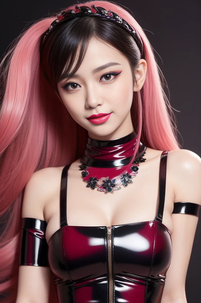 nsfw、sexy asian fashion model、glossy lipstick、smiling face、defined eyebrows、ultra detailed drama makeup、long lashes、full body Esbian、ultra detailed latex business dress、latex choker、latex bracelets、Colorful hair