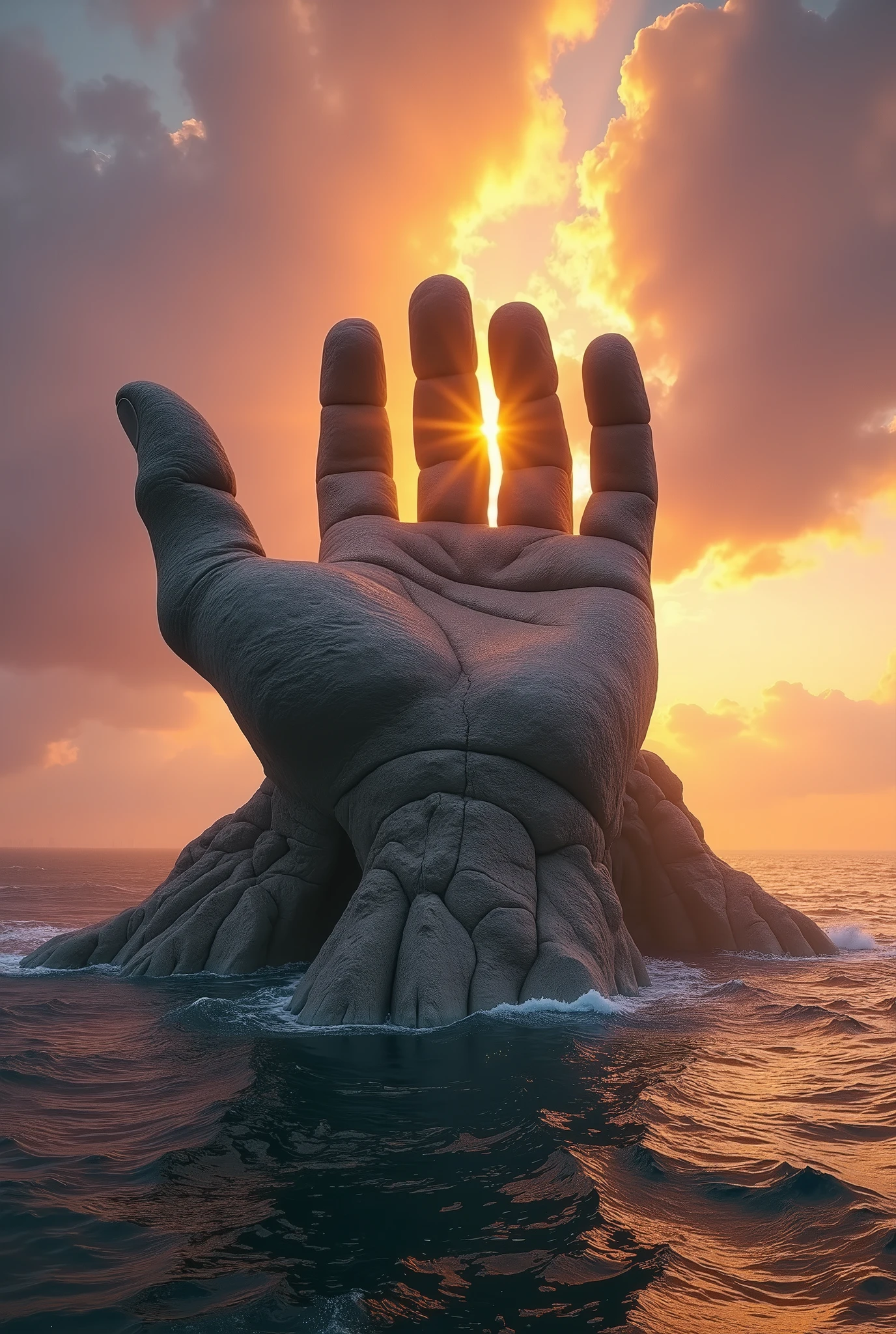A breathtaking scene of a colossal stone hand emerging from the center of the ocean, resembling a rugged mountain. The hand is massive, with fingers spread wide, and the texture is detailed with cracks and rough surfaces, like ancient rock. Sunlight from a dramatic sunset filters through the gaps between the fingers, casting golden rays across the water and creating a stunning contrast of light and shadow. The ocean around the hand is calm but reflective, capturing the colors of the sunset. The sky is filled with warm hues of orange, pink, and purple, adding a sense of serenity and wonder to the scene. The overall composition is majestic and awe-inspiring, blending the raw power of nature with a surreal, almost mythical atmosphere