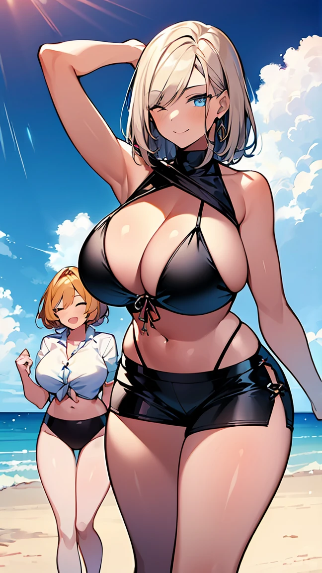 (2girls:1.6), (3mature womans:1.5)(gleaming skin:1.3), detailed eyes, mature woman, A milf with black short hair, sky-blue eyes, one eyeclosed, wearing a metallic bikini, gigantic breast,standing, beach. (crowd:1).
