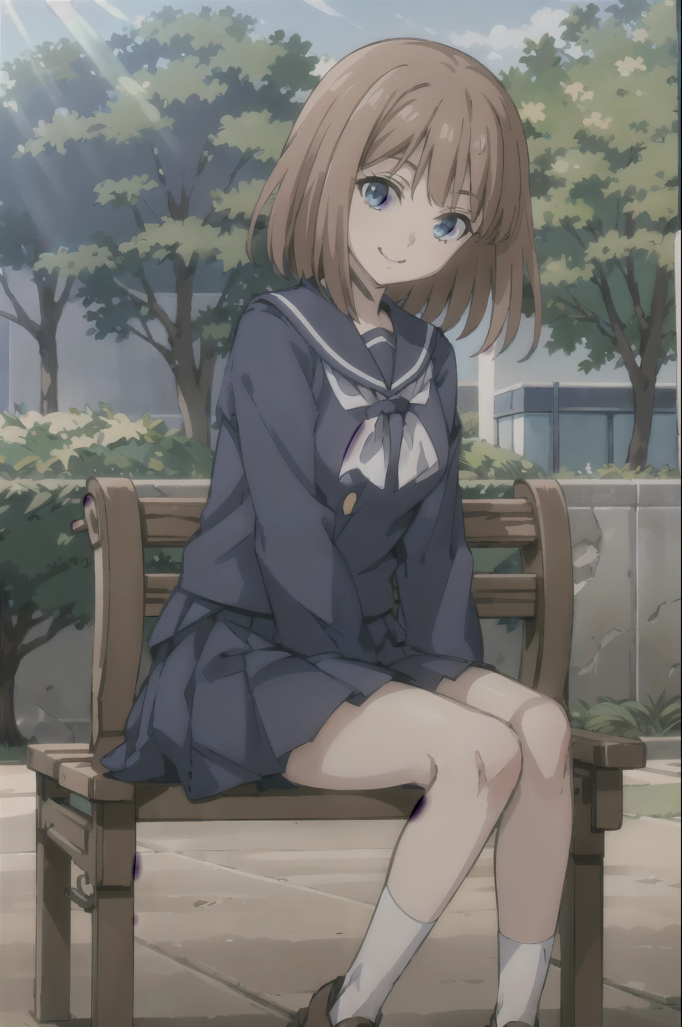 (masterpiece),(best quality), eva beatrice, blue eyes, (white ribbon), blue cardigan, school skirt, serafuku, loafers, black socks, , looking at viewerbench, sitting, (park), nature, promenade, smile, sun, sunlight,
