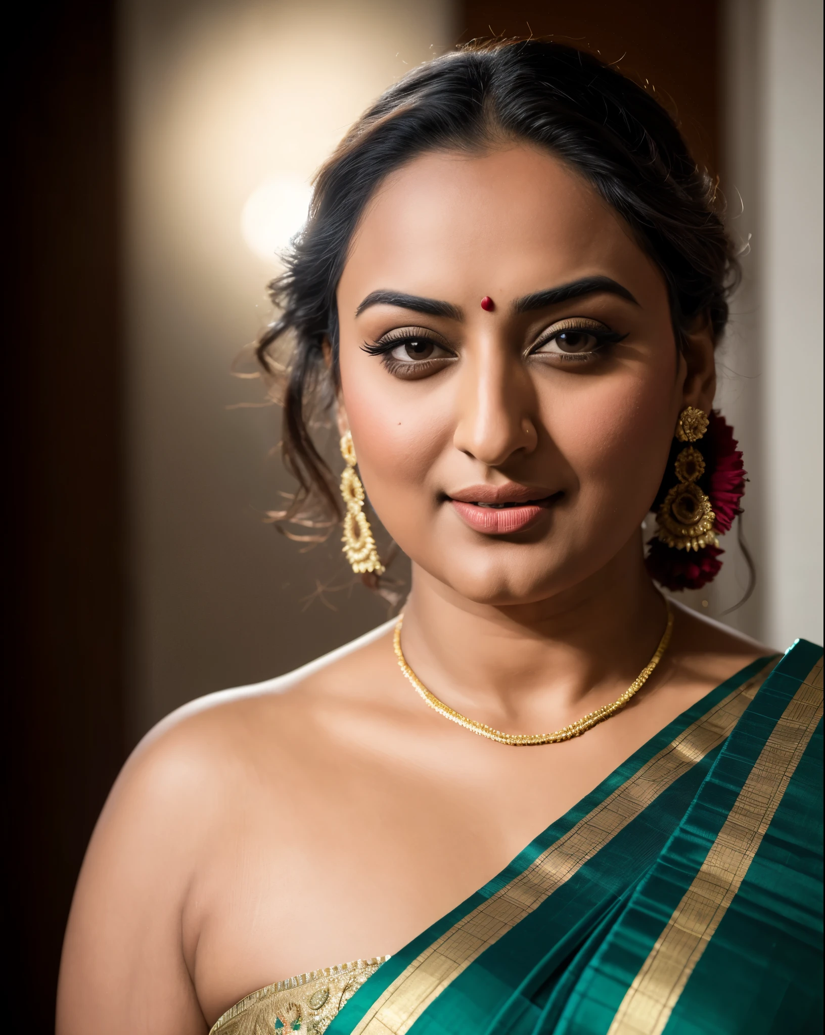 Foto RAW, photorealistic, photography, full body shot, master shot, perfect eyes, goddess like beauty, pierced eyes, curvy, perfect thick chubby mallu Desi aunty bhabhi, bridal photography, wedding photoshoot, Wearing a Stanapatta, a chest-band.Saree model, model Photography, Indian saree shoot, Indian traditional wear advertising photography, traditional wear brand shoot, face of Indian actress Sonakshi Sinha, masterpiece, realistic, realism, incredible details, pleasure, photorealism, detailed skin, skin pores, high contrast, photorealistic Artstation 8k HD digital art trend of high definition and detailed realistic skin texture, ultra detail, realistic skin texture, armature, best quality, ultra high definition, (photorealistic:1.4),, high resolution, detail, raw photo, sweat, Re sharp, by Lee Jefferies Nikon D850 Film Stock Photo 4 Kodak Portra 400 Camera F1.6 Lens Rich Color Ultra Real Realistic Realistic Textures Dramatic Lighting Unreal Engine Trending at Art Station Cinestill 800,(pele altamente detalhada: 1.2), 8k UHD, DSLR, soft-lighting, alta qualidade, grain of film, Fujifilm XT3,she didn't like to wear blouse or bra, she is happy to wear only saree, sexy navel folds, fleshy figure, she hates blouse or bra, detailed hairy armpits, hyper realistic skin, skin pores, sweat, veins,