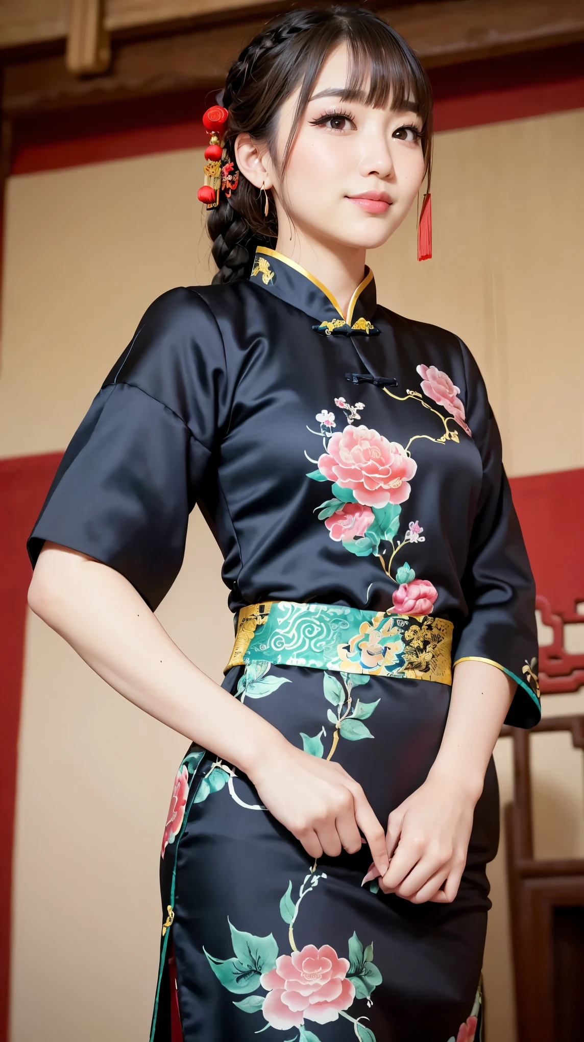 Realistic, masterpiece, Highest quality, Highest Resolution, Anatomically correct, Accurate Anatomy, 7 heads, Height: 165cm, One Japanese woman, profile, Staring at the audience, Smiling with an open mouth, Staring at the audience, Fine and beautiful eyes, Sparkling eyes, Thin eyebrows, Gives lashes a delicate finish, False eyelashes, (Chinese traditional makeup:1.2), (Dumpling＋Braided hair, Blunt bangs, Brown Hair:1.2), Detailed face, Sharp Eyes, (Traditional Chinese Dress, Clothes that fit snugly to the body, Random Color:1.3), Upper body photo, Background like ink painting