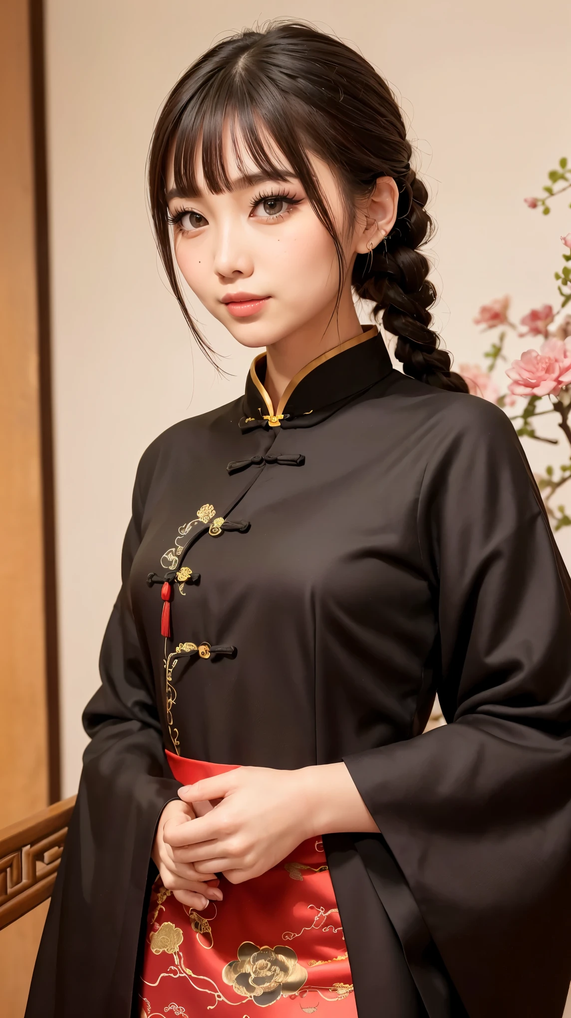 Realistic, masterpiece, Highest quality, Highest Resolution, Anatomically correct, Accurate Anatomy, 7 heads, Height: 165cm, One Japanese woman, profile, Staring at the audience, Smiling with an open mouth, Staring at the audience, Fine and beautiful eyes, Sparkling eyes, Thin eyebrows, Gives lashes a delicate finish, False eyelashes, (Chinese traditional makeup:1.2), (Dumpling+Braided hair, Blunt bangs, Brown Hair:1.2), Detailed face, Sharp Eyes, (Traditional Chinese Dress, Clothes that fit snugly to the body, Random Color:1.3), Upper body photo, Background like ink painting