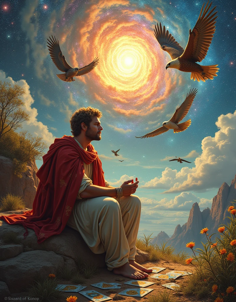 ((masterpiece)), ((Highest quality)), ((High resolution)), ((Highly detailed CG Unity 8k wallpaper)), Roman Emperor Constantine1The Great Emperor、Fluffy hair、Bright and sharp eyes、eyes like a lion、Leisurely Actions、Calm and Composed Expression、Aura of Majesty、neck as thick as a bull、Eagles and Hawks Are Fond of Him、Tarot Cards、Oracle Cards、『world』、In the Style of William Blake、Gustave Moreau's Painting Style、Ancient and Modern、輝く未来とhope、The Universe、Dazzling Light at the Galactic Center、Sagittarius Galactic Center、Flood of light、The colorful sparkle of gemstones、Lu Li Guangcai、Play-of-color effects、Paradise、Eden、Heavenly Jerusalem、Nostalgia、hope、永遠のhappiness、Genesis、Revelation、Alpha and omega、Healing、Longing and fulfillment、Everything is for the best、bless、Heavenly Purification、Bliss of All Things、happiness、Eternal Life、completely、perfection、Forgiveness、occultism、Symbolism、Primordial Happiness、peace of mind、reproduction、revival、魂のHealing、God's Plan、天使のbless、peace、joy、lotus、lily、Rose、Money、黄Money、The Edge of the Universe、The magnificent light of celestial bodies、Fantasy、like、Beauty、Digital Art、kind、慈like、mercy、wisdom、vitality、