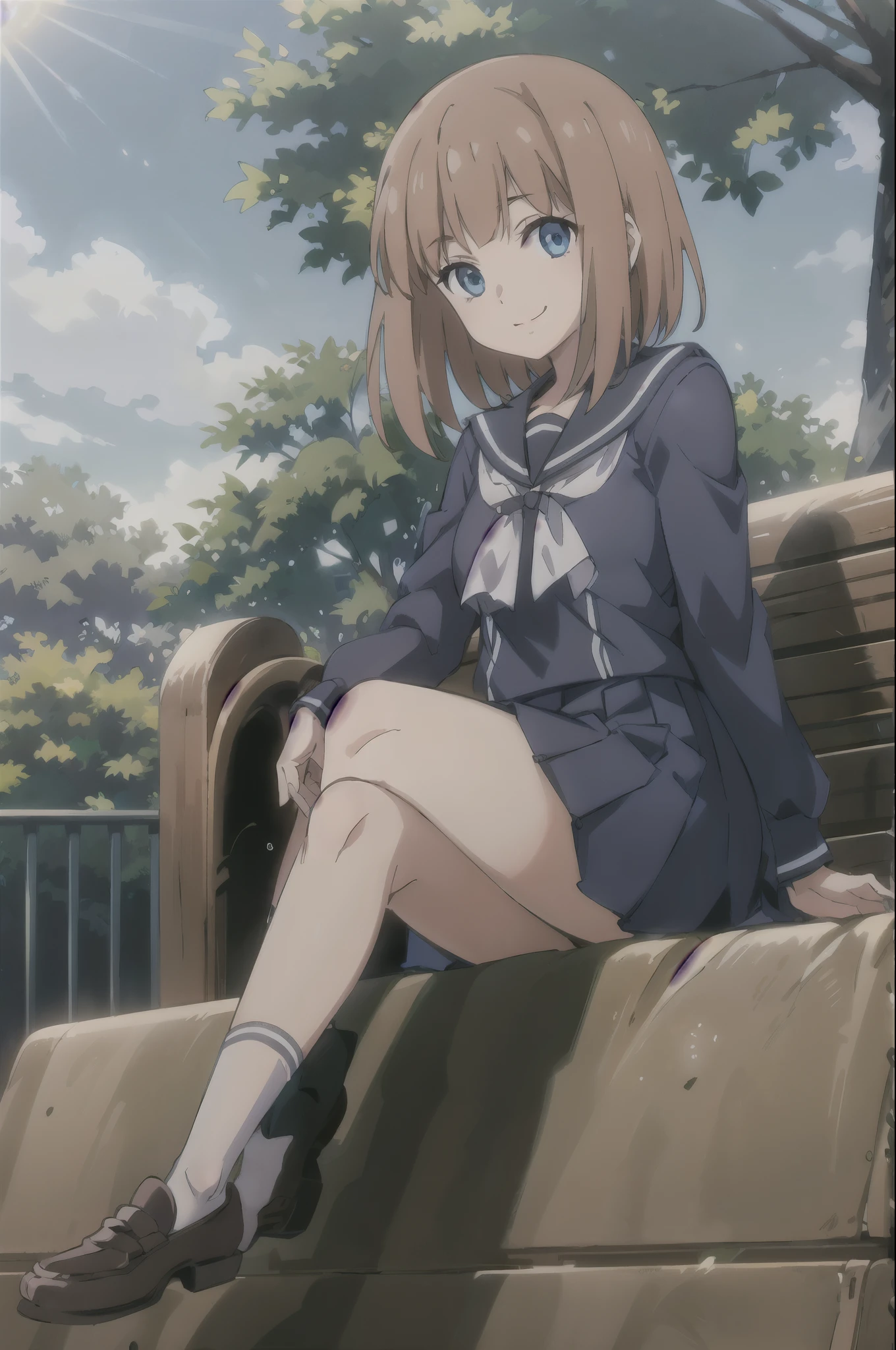 (masterpiece),(best quality),  eva beatrice, blue eyes,  (white ribbon), blue cardigan, school skirt, serafuku,  loafers, black socks, , looking at viewerbench, sitting, (park), nature,  promenade, smile, sun, sunlight, 