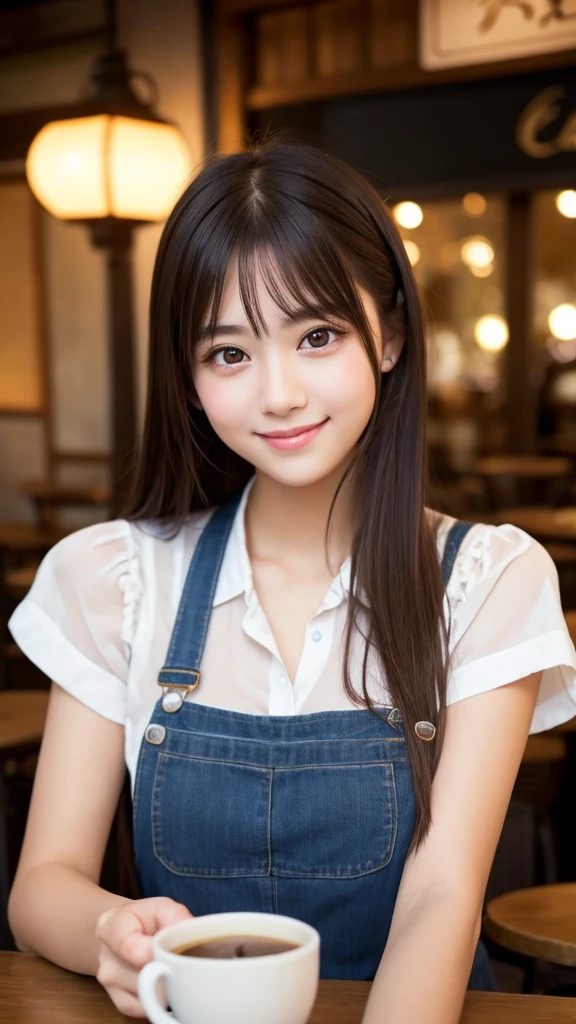 Cute girl working at a cafe terrace　Japanese　１９age　
Professional Lighting　Digital SLR　Beautiful and elaborate face　Perfect and beautiful face　Big eyes Smile