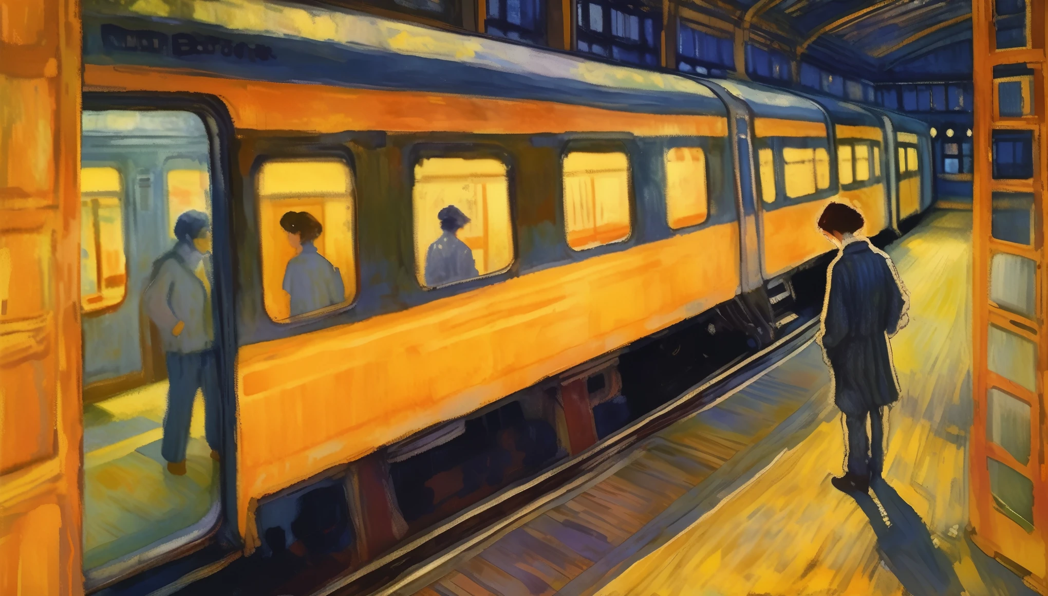 Pierre Bonnard Style - (high view angle:1.2), night scene, train with a person standing on it door, illuminated windows, light casted on the floor, tokyo train station in night , contrasting color theory, detailed illustration, visible brushstrokes and shimmering luminosity in the style of Pierre Bonnard 