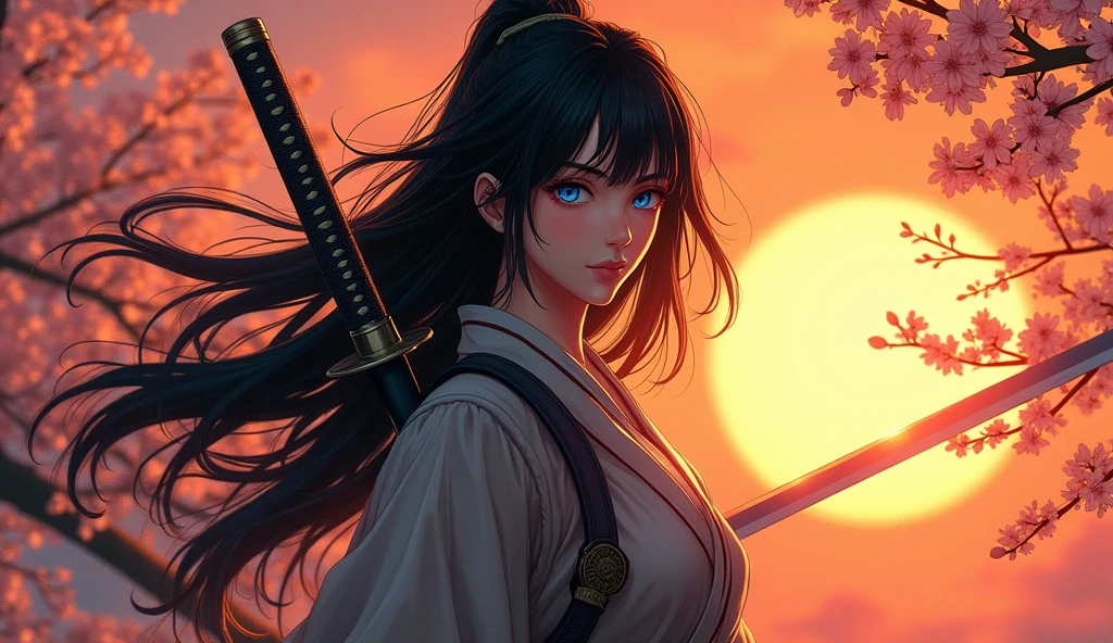 an epic Japanese comic art of a female samurai, holding a katana in a salute, the Katana's blade reflects the sun light, ready for battle, half of the face are shaded, black hair, long hair, carried in the wind, blue piercing eyes, pale skin, cherry trees in sunset background, Ultra-high resolution, High Contrast, (masterpiece:1.5), highest quality, Best aesthetics), best details, best quality, highres, 16k, (ultra detailed: 1.5), masterpiece, best quality, (extremely detailed) RAW, (ultra details, Masterpiece, best quality),