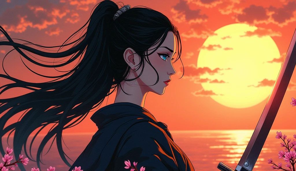 an epic Japanese comic art of a female samurai, holding a katana in a salute, the Katana's blade reflects the sun light, ready for battle, half of the face are shaded, black hair, long hair, carried in the wind, blue piercing eyes, pale skin, cherry trees in sunset background, Ultra-high resolution, High Contrast, (masterpiece:1.5), highest quality, Best aesthetics), best details, best quality, highres, 16k, (ultra detailed: 1.5), masterpiece, best quality, (extremely detailed) RAW, (ultra details, Masterpiece, best quality),