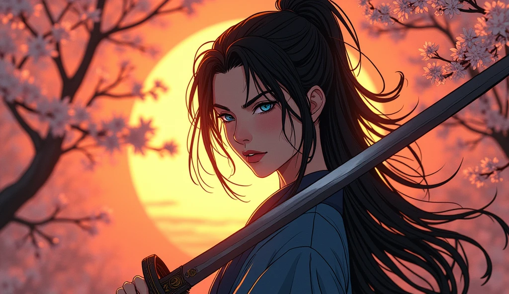 an epic Japanese comic  art of a female samurai, holding a katana in a salute, the Katana's blade reflects the sun light,  ready for battle, half of the face are shaded, black hair, long hair, carried in the wind, blue piercing eyes, pale skin, cherry trees in sunset background, Ultra-high resolution, High Contrast, (masterpiece:1.5), highest quality, Best aesthetics), best details, best quality, highres, 16k, (ultra detailed: 1.5), masterpiece, best quality, (extremely detailed) RAW, (ultra details, Masterpiece, best quality),