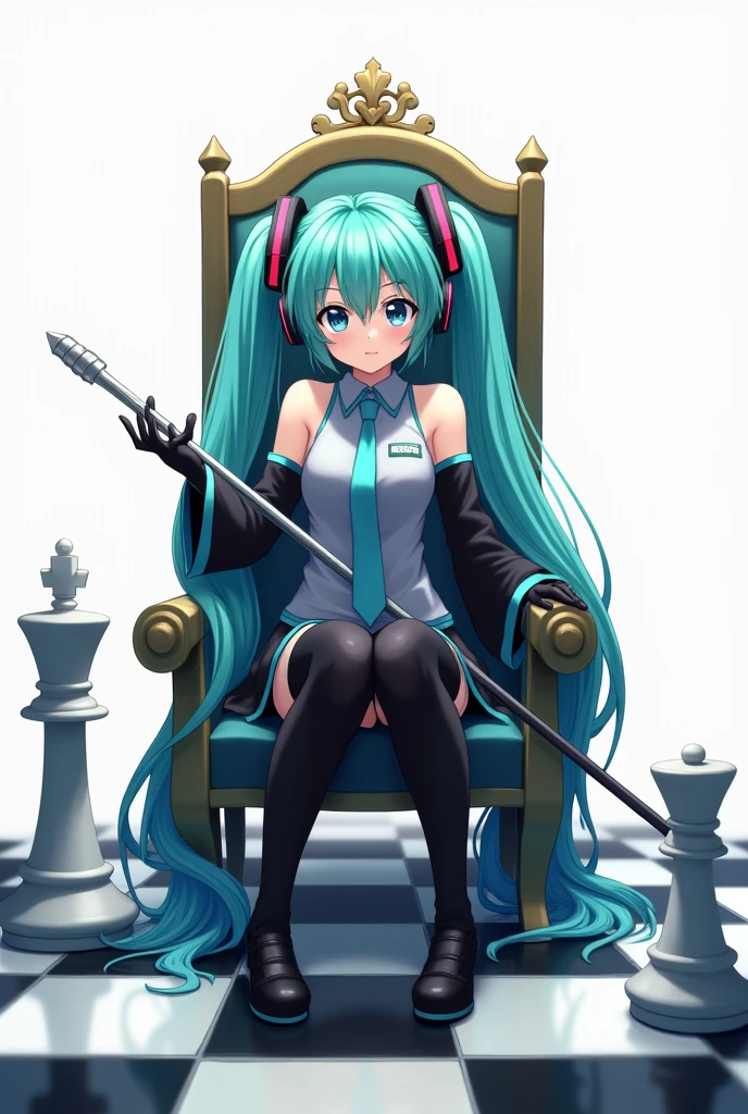 Japanese anime, anime art, anime style, detailed drawing, white background, high definition, high quality, high resolution, chessboard (floor), white king (chess), crown, sceptre, throne, one girl, solo, Miku Hatsune, aqua hair, twintails, head ornament (black / red line), headphones, 01 (number tattoo), grey shirt, collared shirt, sleveless shirt, black sleeves (aqua line), detached sleeves, aqua necktie, aqua nails, black skirt (aqua line), pleated skirt, mini skirt, zettai ryouiki, thigh boots, black thigh-high (aqua line), Hatsune Miku wearing a silver crown and holding a (long) spectre; she sits on the throne; the throne is set on a chessboard. Add white king (chess) beside her. Japanese anime art style.