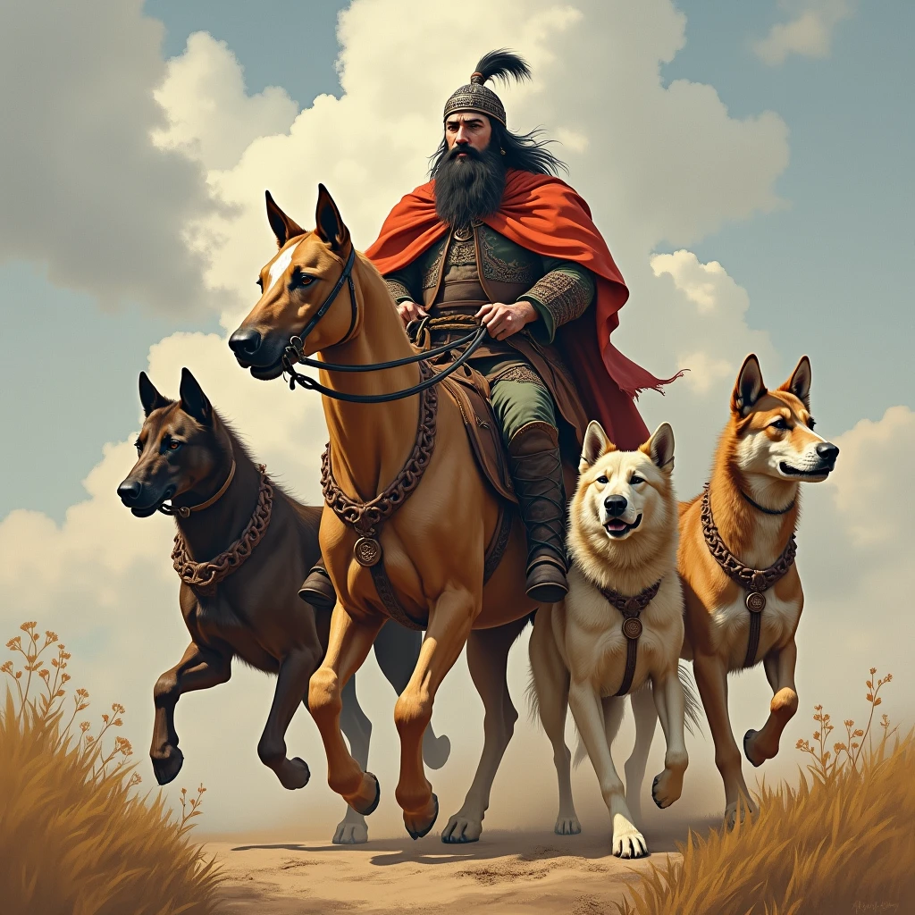 Genghis Khan with 4 hunting dogs