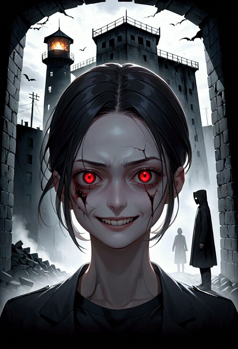 Main Image: Central Focus: A split image showing two contrasting facial expressions. On one side, a person with a sinister grin, symbolizing "gleeful evil," and on the other side, the same person's face with a look of fear or despair, representing the victim or the horror of the situation. The contrast between the two faces should be stark, highlighting the unsettling nature of the topic. Background: Left Side (Evil Side): A dark, shadowy background with faint images of horrific scenes (like a vague silhouette of a concentration camp watchtower or ominous figures in the background). Right Side (Victim Side): A lighter but somber background, possibly with cracked glass or a distressed texture to evoke a sense of fear or dread.