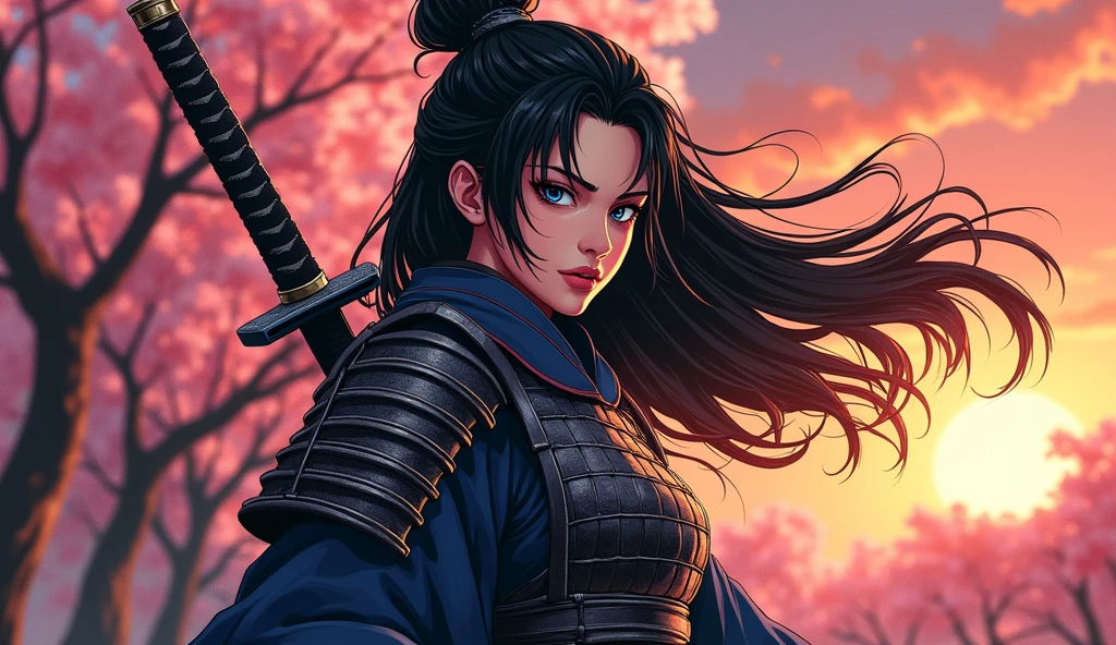 n epic Japanese comic art of a female samurai, holding a katana in a salute, the blade reflects the sun light, ready for battle, half of the face are shaded, black hair, long hair, carried in the wind, blue piercing eyes, pale skin, cherry trees in sunset background, Ultra-high resolution, High Contrast, (masterpiece:1.5), highest quality, Best aesthetics), best details, best quality, highres, 16k, (ultra detailed: 1.5), masterpiece, best quality, (extremely detailed) RAW, (ultra details, Masterpiece, best quality),
