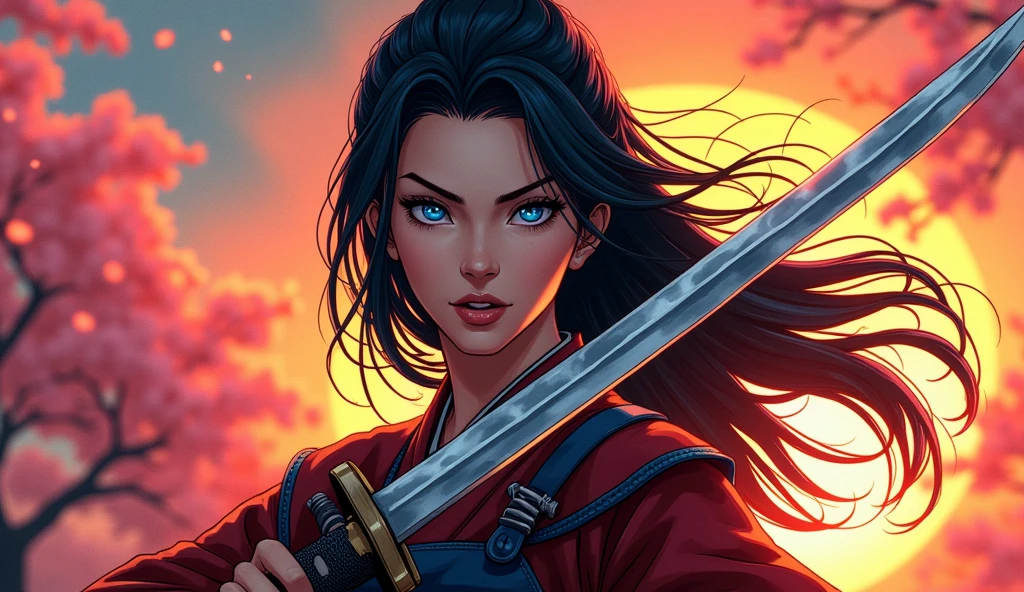 n epic Japanese comic art of a female samurai, holding a katana in a salute, the blade reflects the sun light, ready for battle, half of the face are shaded, black hair, long hair, carried in the wind, blue piercing eyes, pale skin, cherry trees in sunset background, Ultra-high resolution, High Contrast, (masterpiece:1.5), highest quality, Best aesthetics), best details, best quality, highres, 16k, (ultra detailed: 1.5), masterpiece, best quality, (extremely detailed) RAW, (ultra details, Masterpiece, best quality),