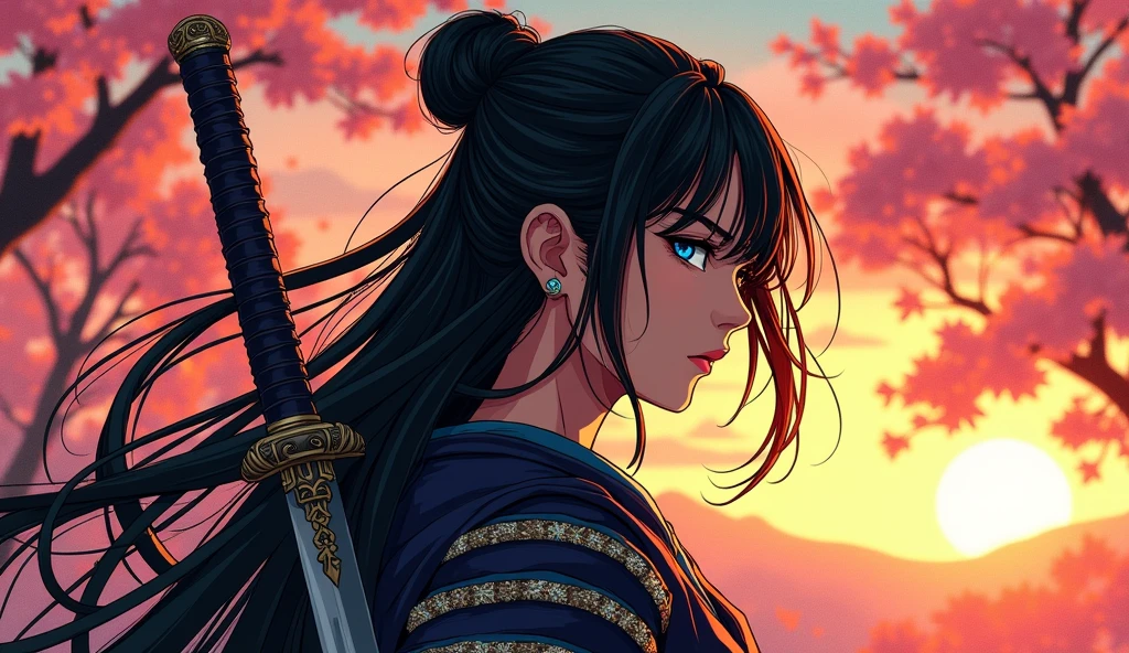 n epic Japanese comic art of a female samurai, holding a katana in a salute, the blade reflects the sun light, ready for battle, half of the face are shaded, black hair, long hair, carried in the wind, blue piercing eyes, pale skin, cherry trees in sunset background, Ultra-high resolution, High Contrast, (masterpiece:1.5), highest quality, Best aesthetics), best details, best quality, highres, 16k, (ultra detailed: 1.5), masterpiece, best quality, (extremely detailed) RAW, (ultra details, Masterpiece, best quality),