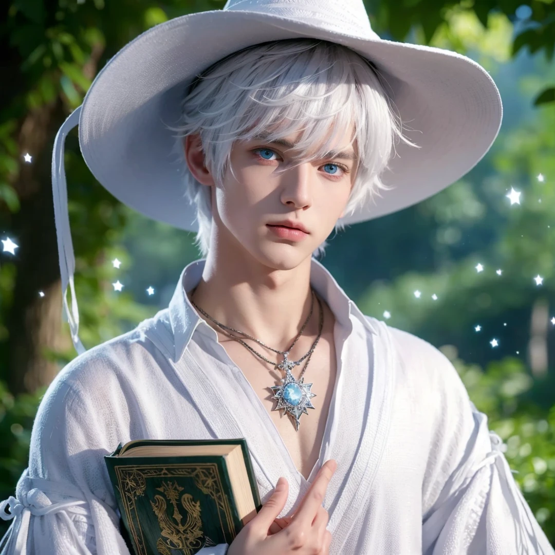Handsome boy, white hair, blue eyes, wearing white witch hat, wearing white witch clothes, holding a white magic book, magic forest background