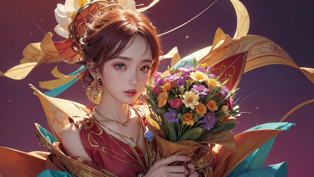 32K, 最高quality, 最高masterpiece, (ultra-Detailed Background, Detailed Background), High resolution, Super detailed, Very detailedな, 1 personの, (bouquet:1.3), (Tangled:1.2), (Geometric:1.2),(colorful),(masterpiece, quality, best quality, Official Art, Beautiful and beautiful:1.2), (1 person:1.3), Very detailed,(colorful:1.1)(Flowers:1.3),Most detailed,(Tangled:1.2), whole body, (Abstract background:1.3), (Skin glows), (Many colors:1.4), ,(Earrings Jewelry:1.5), Pale Red Background, It's imaginative., Milk tea colored hair, Updo,