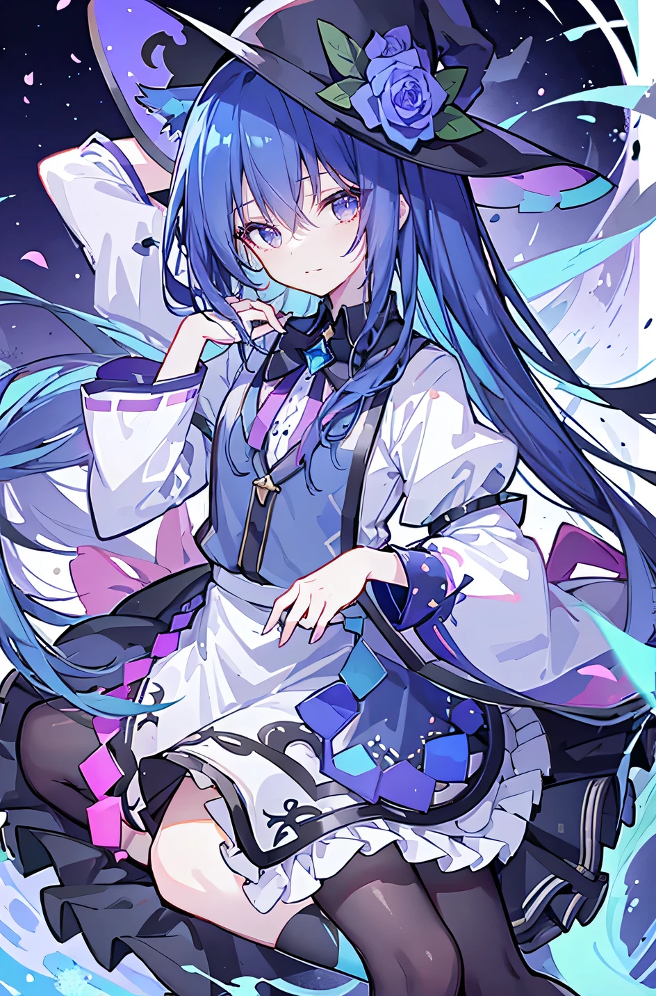 oung Girls,Humanity,A magician always smiles,big witch hat,cute,dark blue long hair,The eyes are dull,The bangs are heavy,Thin eyebrows,fantasy,intake,Double teeth,Star Theme,Constellation pattern,Solid color clothetal decoration,cloak,A bit of a dark atmosphere,A little crazy smile,When the big moon shines outside at night,blood,Hair black star embellishment,Short tie,No nails,High waist skirt,Bell sleeves,Long-sleeved shirt,Black tie,low risk,gentlemen。Mist、Yellow and white effect，Shocking pink as an accent color，(Masterpiece:1.2)，Ultra-detailed，lifelike，The eyes are expressive，Fair skin，Perfect face shape，1 girl，Japanese Manga，Gorgeous blue hair，Flowing blue hair，Flowing clothes，Cat ears，Petals falling，Shy face，sitting on window，Place your hand on your lips,masterpiece, absurdres, novel cover, cover illustration, 1girl, solo, dark blue-haired ponytail, mage robes, flower background, clock background, monochrome, line drawing