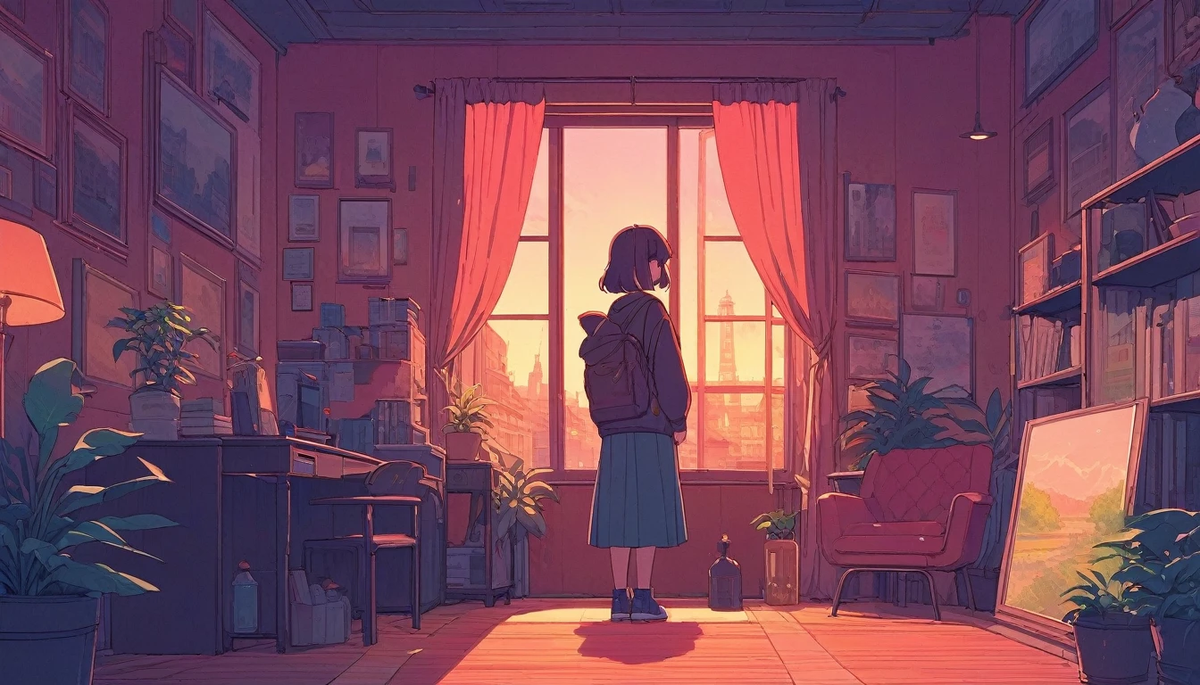 alone, lofi artstyle, lofi art, city, town, 80s anime style, Retro, Lo-Fi, masterpiece, best quality, (extremely detailed CG unity 8k wallpaper), (best quality), (best illustration), (best shadow), absurdres, realistic lighting, (Abyss), beautiful detailed glow, The image annotation task involves identifying and describing the objects and features present in the image. In this case, the main object is the girl who is depicted with distinctive features such as her hairstyle, attire, and the beverage she's holding. The background elements include indoor plants, a window, and decorative items like the statue and the framed picture on the wall. These elements contribute to the overall atmosphere of the scene, suggesting a relaxed and comfortable environment. The color palette, consisting of warm tones, adds to the cozy ambiance of the setting. The image does not contain any text that needs transcription or description.