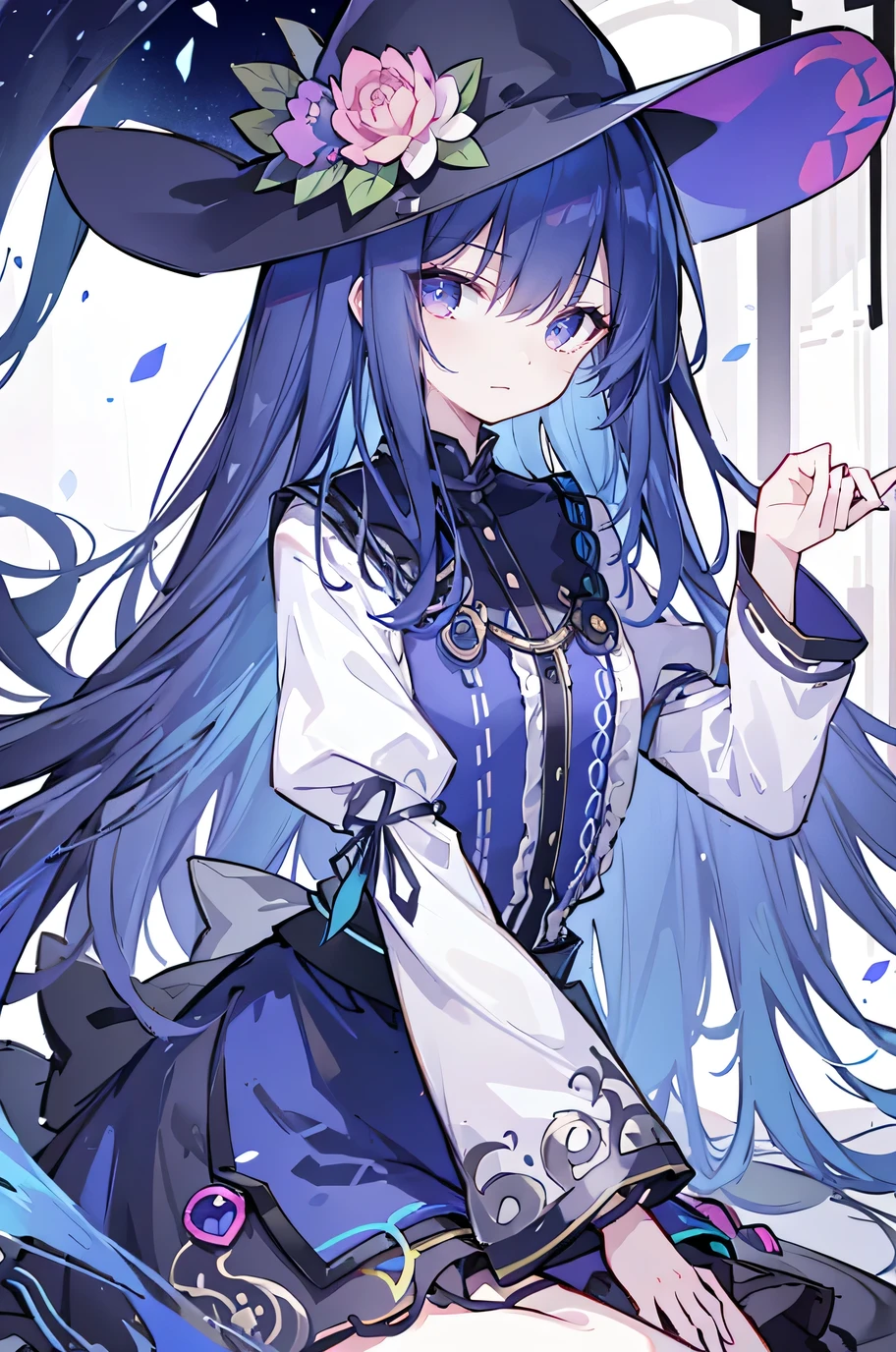 oung Girls,Humanity,A magician always smiles,big witch hat,cute,dark blue long hair,The eyes are dull,The bangs are heavy,Thin eyebrows,fantasy,intake,Double teeth,Star Theme,Constellation pattern,Solid color clothetal decoration,cloak,A bit of a dark atmosphere,A little crazy smile,When the big moon shines outside at night,blood,Hair black star embellishment,Short tie,No nails,High waist skirt,Bell sleeves,Long-sleeved shirt,Black tie,low risk,gentlemen。Mist、Yellow and white effect,Shocking pink as an accent color,(Masterpiece:1.2),Ultra-detailed,lifelike,The eyes are expressive,Fair skin,Perfect face shape,1 girl,Japanese Manga,Gorgeous blue hair,Flowing blue hair,Flowing clothes,Cat ears,Petals falling,Shy face,sitting on window,Place your hand on your lips,masterpiece, absurdres, novel cover, cover illustration, 1girl, solo, dark blue-haired ponytail, mage robes, flower background, clock background, monochrome, line drawing