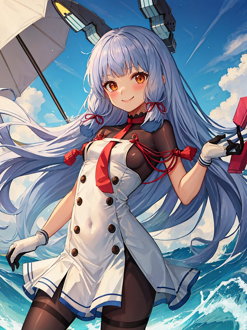 Portrait, official art, best masterpiece, best quality, best resolution, 8K, best detailed, perfect anatomy
BREAK
(Contrapposto), Open Stance, standing, (grab your breasts:1.3)
BREAK
(smile), blush, happy
BREAK
murakumo_kantaicollection, long_hair, hair_ribbon, ribbon, headgear, bangs, grey_hair, sidelocks, blunt_bangs, tress_ribbon, orange_eyes, necktie, dress, gloves, sailor_dress, white_gloves, 1 gilr , solo, (small breasts:1.2)
BREAK
(sea, on the sea, sky), dust, dust, light particles, facing to viewer, very fine and detailed 16KCG wallpapersrs