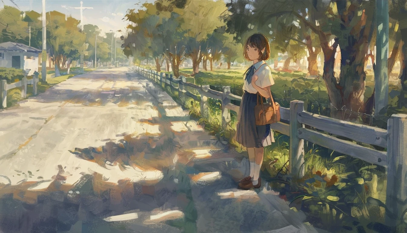 The image portrays a serene outdoor setting, possibly a park or a school grounds. A young girl with short brown hair is standing by a bench, gazing into the distance. She's wearing a white shirt paired with a pleated skirt, and has a black bag slung over her shoulder. She's holding a brown bag in her hands. The sunlight filters through the trees, casting dappled shadows on the ground. The girl's outfit suggests a school uniform. The surrounding environment includes green grass, a fence, trees, and a tree trunk. The entire scene is bathed in a soft, golden light, suggesting it might be either early morning or late afternoon.,masterpiece, best quality,
