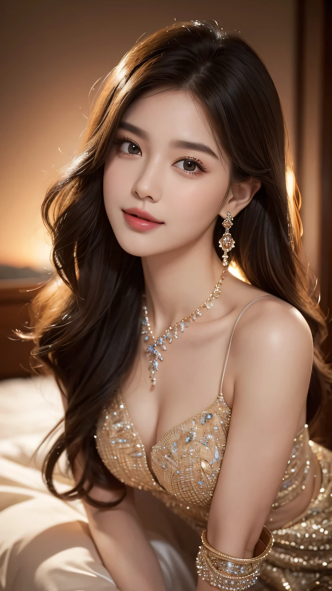 The highest image quality, the best quality, infinite details, 8k resolution, an exquisite beautiful girl, goddess, fairy-like, beautiful eyes, charming eyes, moist lips, long brown hair, slightly curled, oval face, oval face, smiling, detailed face, detailed expression, detailed facial features, a masterpiece, full of details, detailed background, detailed characters, detailed hair, detailed hair, detailed body, detailed hands, detailed clothes, detailed face, perfect face, extreme arms, hair, facing the viewer, necklace, lipstick, earrings, sunset, standing, full body photo, a masterpiece, infinitely close to reality, ((full body)) ((exquisite clavicle))