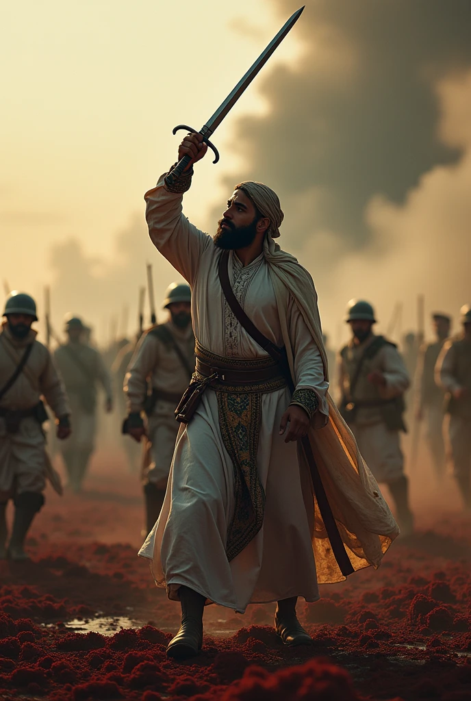 One muslim soldier, hold sword, cut onther soldier neck