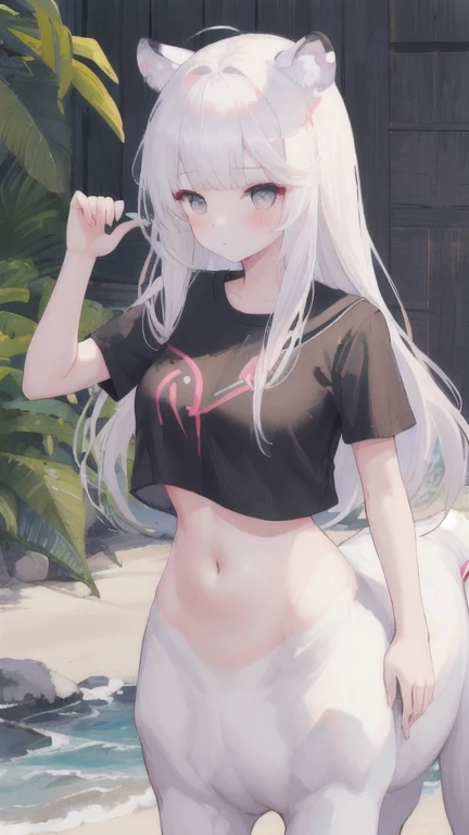 (best quality, masterpiece), 1 girl, centaur, I beg, White skin, Korean schoolgirl,daughter,black pink, exposing the abdomen, belly button t-shirt , beautiful girl perfect, White tiger photo, 완벽한 White tiger photo