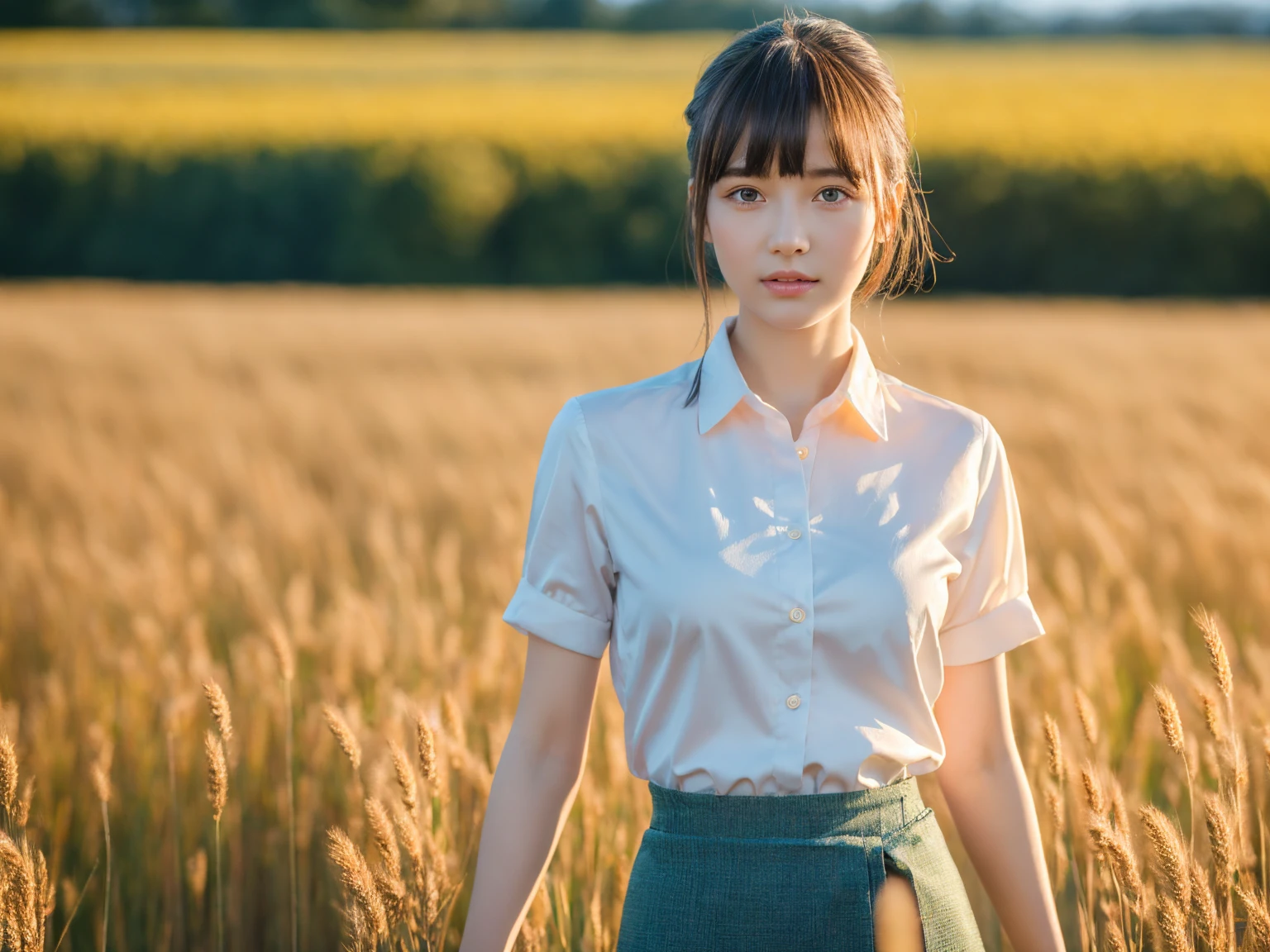 Masterpiece, best quality, original photo, 8K, ultra-detailed face, 1girl, beautiful detailed skin, anatomically correct, bangs, detailed eyes and face, textured skin, professional photography, professional lighting, solo, cute, Girl, film grain, silk shirt, skirt, wheat field, super long shot, long distance, super small figures, landscape