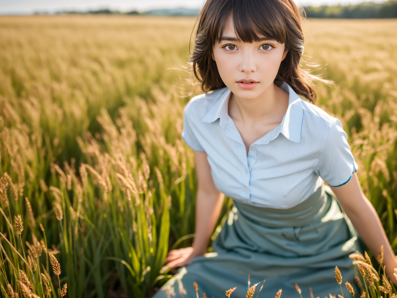 Masterpiece, best quality, original photo, 8K, ultra-detailed face, 1girl, beautiful detailed skin, anatomically correct, bangs, detailed eyes and face, textured skin, professional photography, professional lighting, solo, cute, Girl, film grain, silk shirt, skirt, wheat field, super long shot, long distance, super small figures, landscape