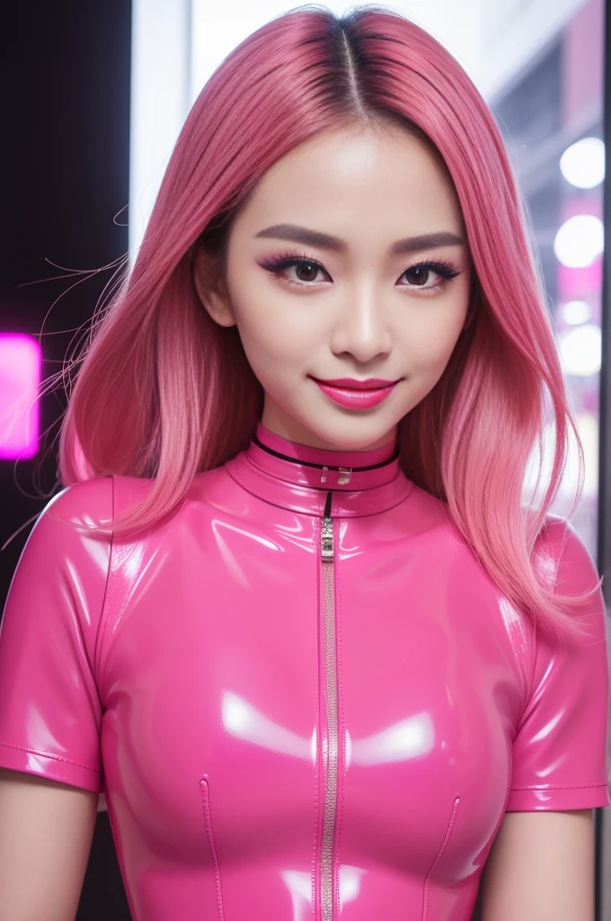 nsfw、sexy asian fashion model、glossy lipstick、smiling face、defined eyebrows、ultra detailed drama makeup、long lashes、full body Esbian、ultra detailed latex business dress(neon pink)、latex choker and latex bracelets、Colorful hair、vivid colors