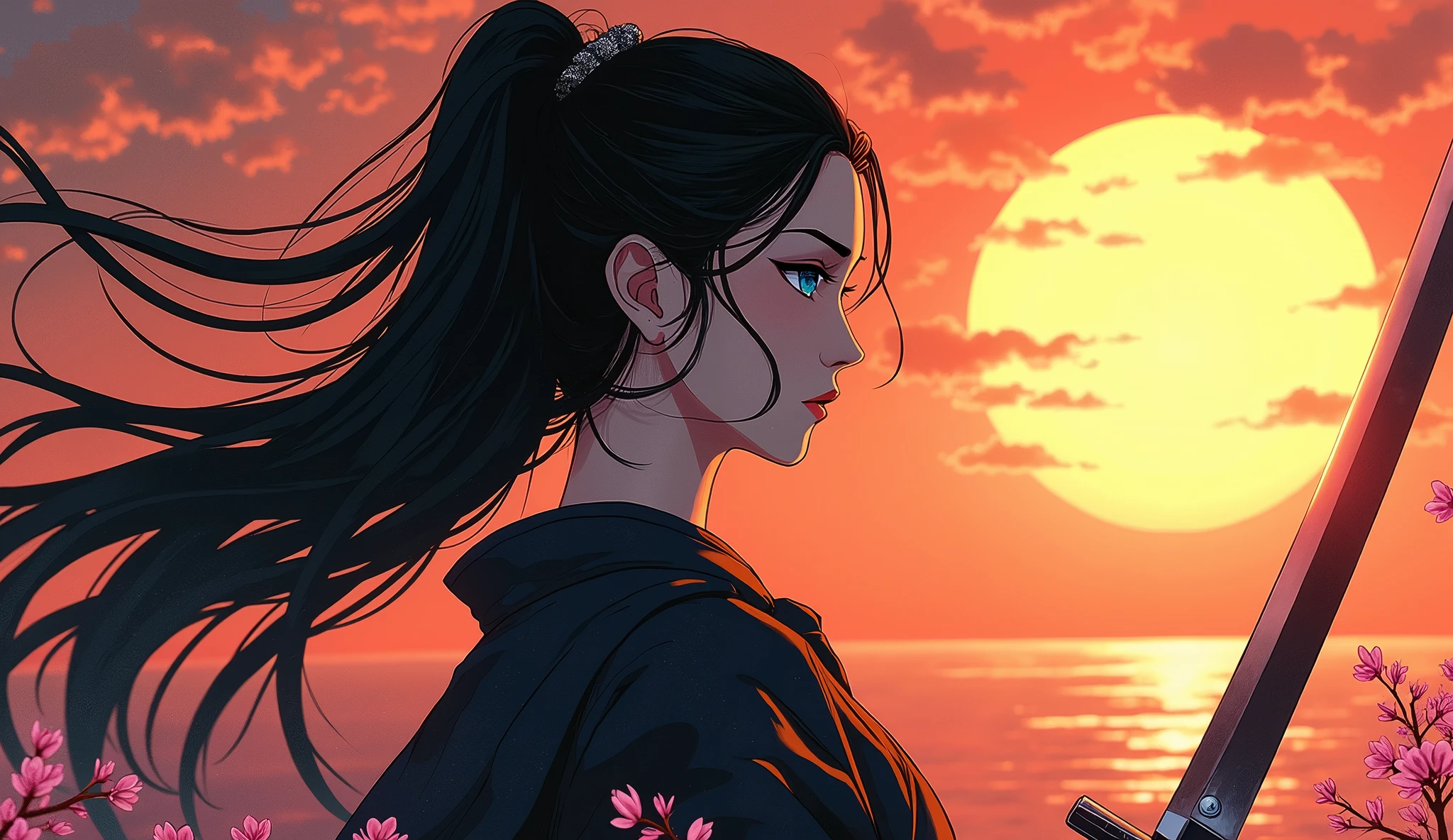 an epic Japanese comic art of a female samurai, holding a katana in a salute, the Katana's blade reflects the sun light, ready for battle, half of the face are shaded, black hair, long hair, carried in the wind, blue piercing eyes, pale skin, cherry trees in sunset background, Ultra-high resolution, High Contrast, (masterpiece:1.5), highest quality, Best aesthetics), best details, best quality, highres, 16k, (ultra detailed: 1.5), masterpiece, best quality, (extremely detailed) RAW, (ultra details, Masterpiece, best quality),