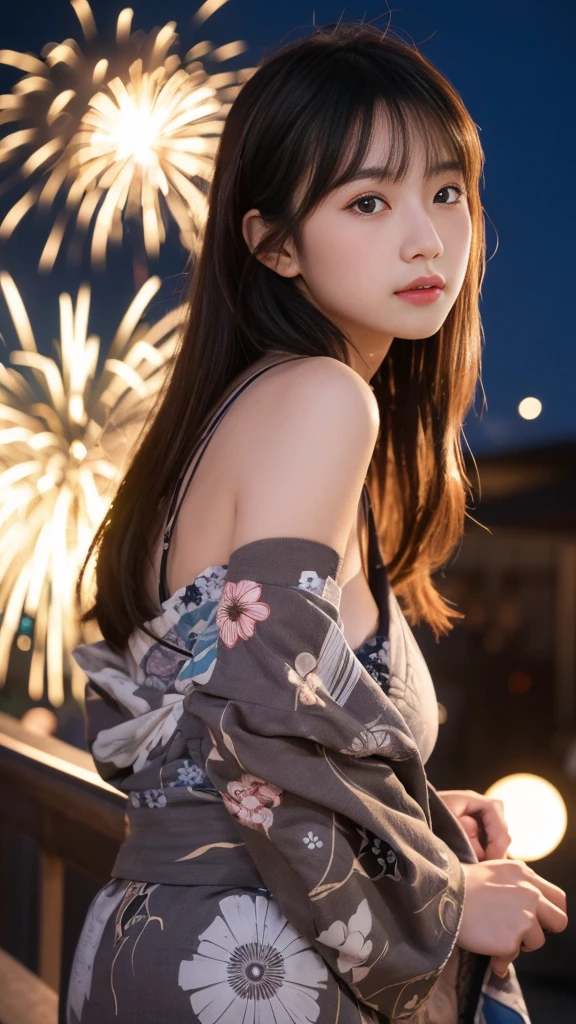 (Highest quality, 8k, masterpiece: 1.3),double eyelid　Fine grain　Highly detailed face and skin　Beautiful legs　Fireworks display　yukata