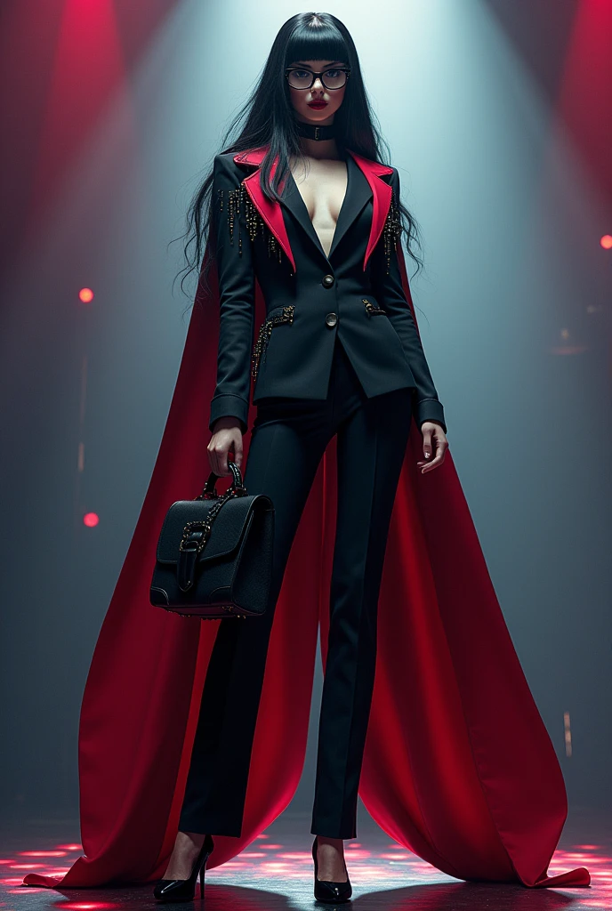 create a BAYONETTA ARTSTYLE drag queen that channels inner boss with an authoritative yet alluring office look. she is wearing a classic office wear with HYPER DETAILED AND EDITORIAL twist. her hair has straight end and straight bangs. she is holding an office bag and wearing a coat while wearing a thin eyeglasses. she is standing on a stage. FULL BODY.