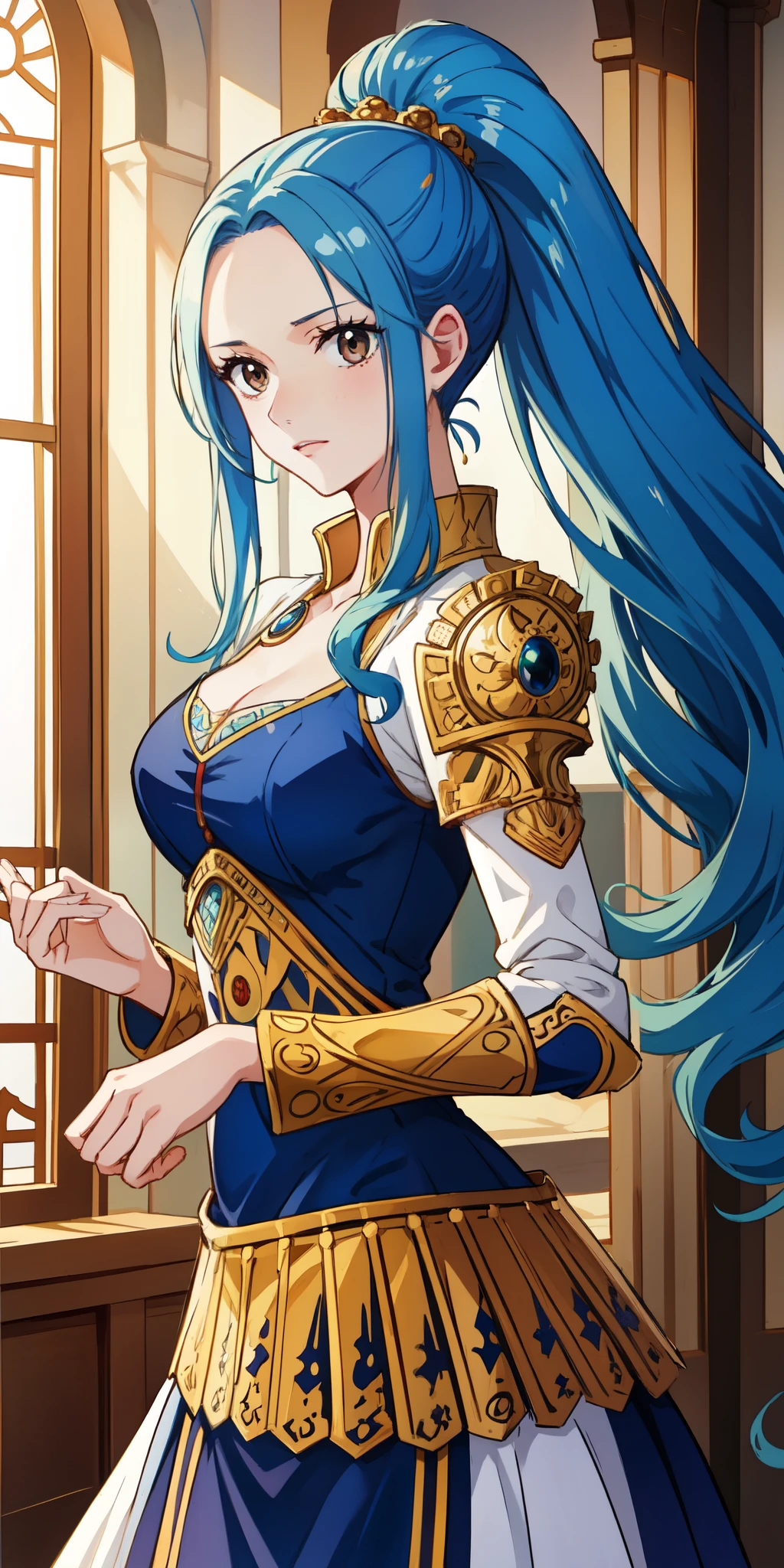 an illustration in the art-style of (wanostyle),One Piece,Eiichiro Oda,Toei Animation,((Masterpiece)),(best quality:1),(highly detailed:1),1girl, NefertariViviV3,blue hair,long hair,ponytail,high ponytail,dark brown eyes,fair skin,detailed eyes,beatiful face, standing pose,cowboy shot,looking to the side, [Paladin_glam armor|Moroccan caftan],shiny armor,armor decorated with jewels, paladin armor, Sultan palace,ornate background,arabian background,oriental palace background,arabian palace room,very detailed background, best quality, masterpiece, hires, original, extremely detailed wallpaper, perfect lighting,(extremely detailed CG:1.2),8k,intricate detail,trending on artstation,digital art, detailed,8k,