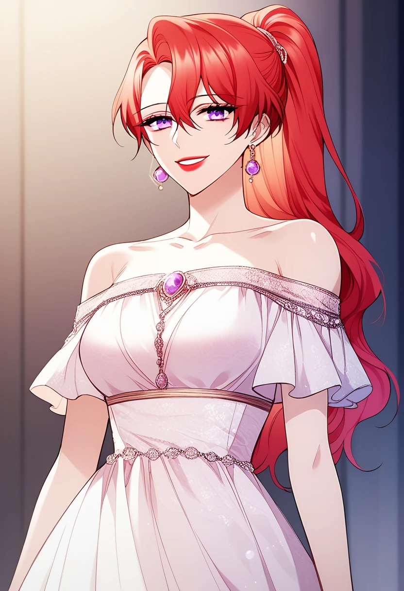 (mgirly),
(cowboy shot, ponytail), 1girl, solo, long hair, red hair, earrings, jewelry, looking at viewer, purple eyes, hair between eyes, smile, makeup, lipstick, collarbone, dress, breasts, bare shoulders, off shoulder, white dress, eyelashes,
