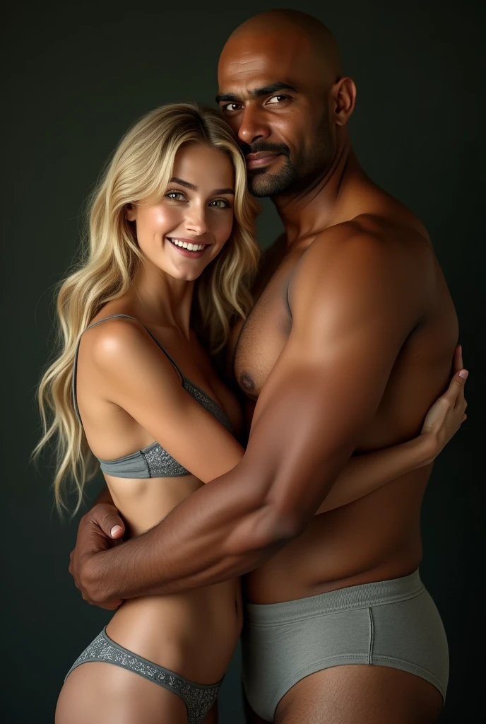 (masterpiece, Highest quality:1.1), (ultra detailed 8k), (hyperRealistic:1.3), (PhotoRealistic:1.4), (Realistic:1.4), realistic texture, [medium Shot], (Soft lighting), (Indian man hugging girl:1.7),Girl:(1 beautiful girl, Norwegian, extremely detailed face, 18 years old, blonde hair, light blue eyes, pale white skin, Attire: Lingerie, (Big Breasts:1.2), slim waist), Man:(Indian, huge, overweight, bald, brown skin, Attire: men's underwear), (standing upright,looking into the camera), girl emotions:(smiling shyly:1.5), man emotions:(serious:1.5, smirking),(dramatic angle, portrait:1.5)