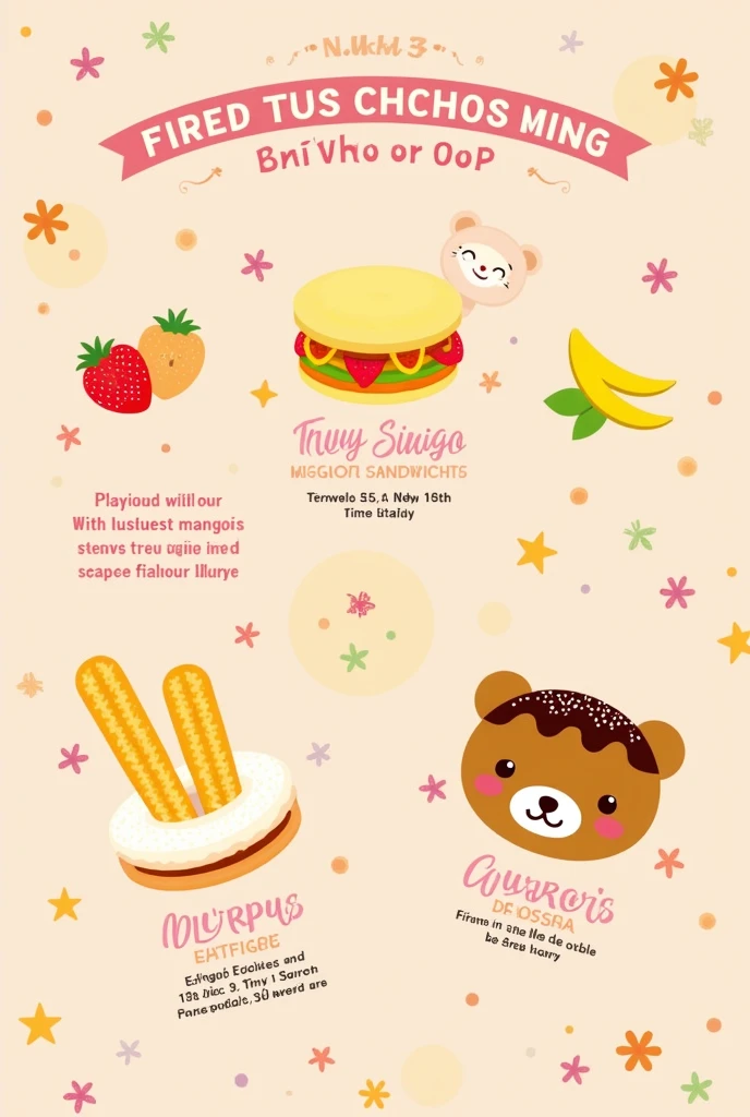 make menu for eatchuu dessert there is a ichigo sandwich filled with mango or strawberry & there is chuross shape bear. make the menu t
pastel pink and yellow pastel add cute random sticker