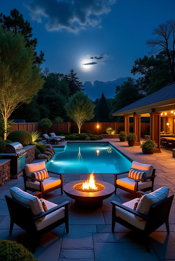 Create a super beautiful outdoor area with a fire pit, maybe even a grill near the pool. Everything should be beautifully black, elegant, rich and modern.