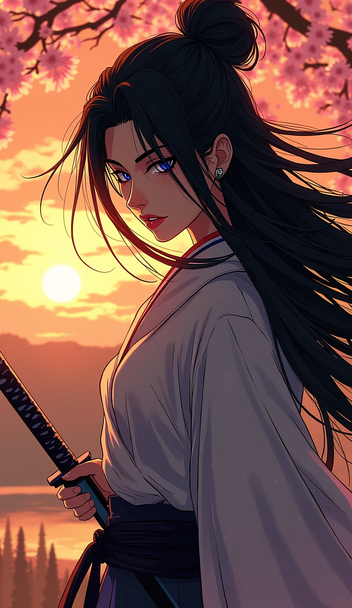 a Japanese comic art of a female samurai, holding a katana in a salute, the Katana shines in the sun, ready for battle, half of the face are shaded, black hair, long hair, carried in the wind, blue piercing eyes, pale skin, cherry trees in sunset background, Ultra-high resolution, High Contrast, (masterpiece:1.5), highest quality, Best aesthetics), best details, best quality, highres, 16k, (ultra detailed: 1.5), masterpiece, best quality, (extremely detailed) RAW, (ultra details, Masterpiece, best quality),