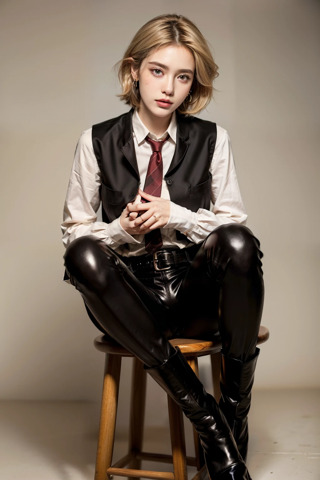 (RAW shooting, Photoreal:1.5, 8k, highest quality, masterpiece, ultra high resolution), perfect dynamic composition:1.2, Highly detailed skin and facial textures:1.2,beautiful and aesthetic:1.2, full body, Fair skin, (large breast:1.4), (perfect limbs:1.2), (perfect fingers:1.2),(caucasian,1girl,earrings,makeup, tall,short blonde hair,perfect thigh, vest,tight white shirt,long sleeves,necktie,belt,tight black long pants,ankle black boots,fingerless gloves),(simple background:1),