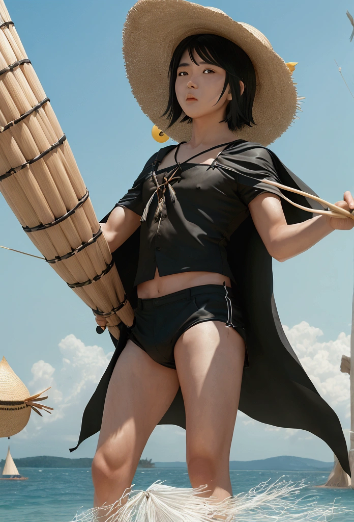 The black-haired male pupil, , Short sleeve shorts, Wearing a long cape, A straw hat with two streamers and countless wind chimes, A giant fish made of water blows a green flute on its back, Leading more fish behind