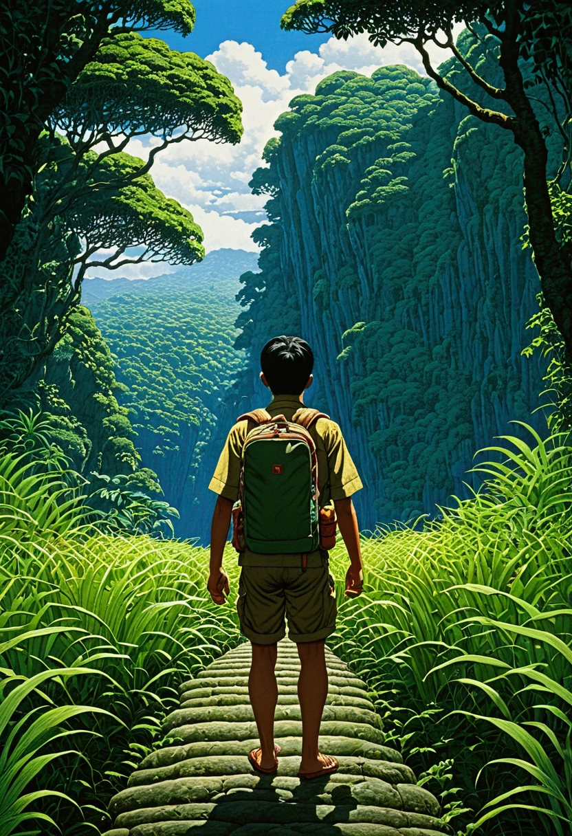 Jungle Adventurer, full body, by Kawase Hasui, cinematic still, (best quality, masterpiece), very aesthetic, perfect composition, intricate details, ultra-detailed, vivid colors