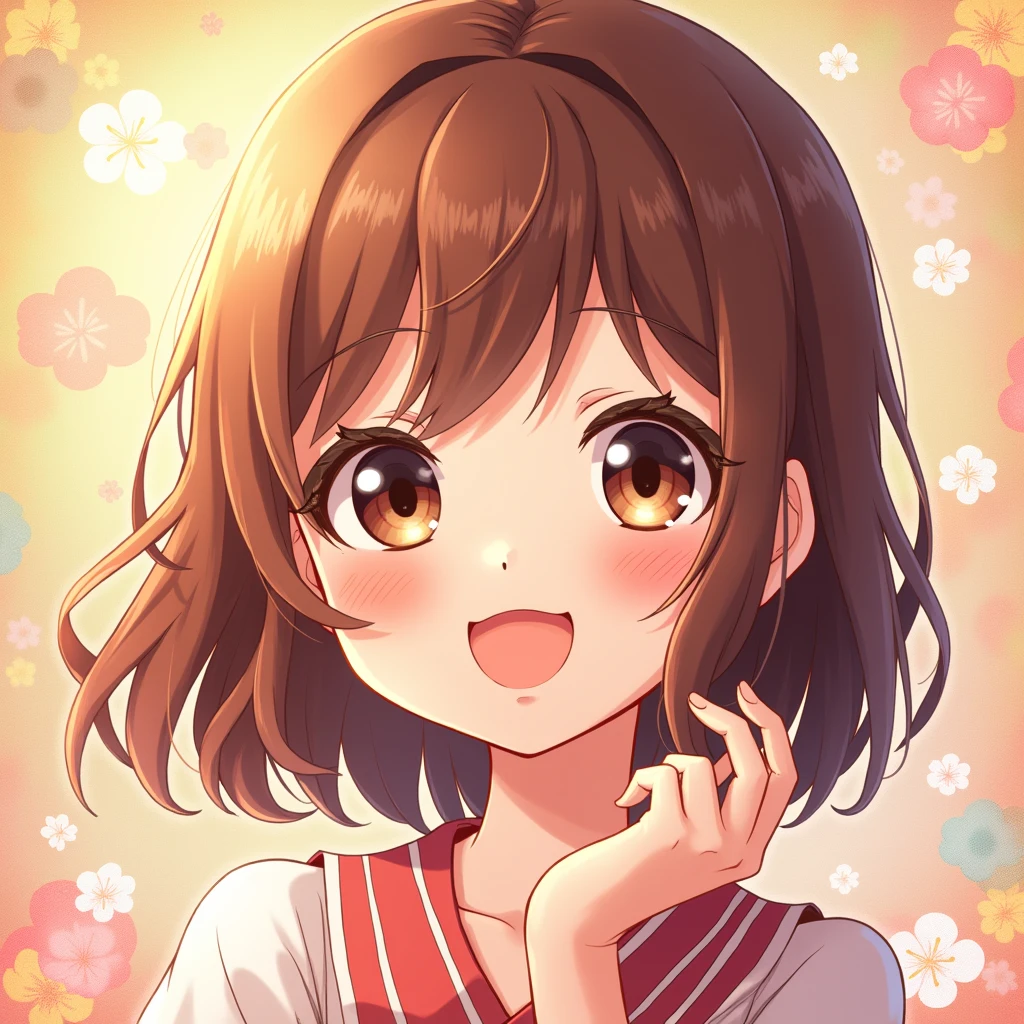 high quality、high resolution、High precision、Real Stick、delicate、Precision、detailed、Deep touch、Attractive colors、Cute Japanese woman in a deformed style、Big eyes、Fair skin、Shoulder-length hair、Chestnut-colored hair、Blissful smile