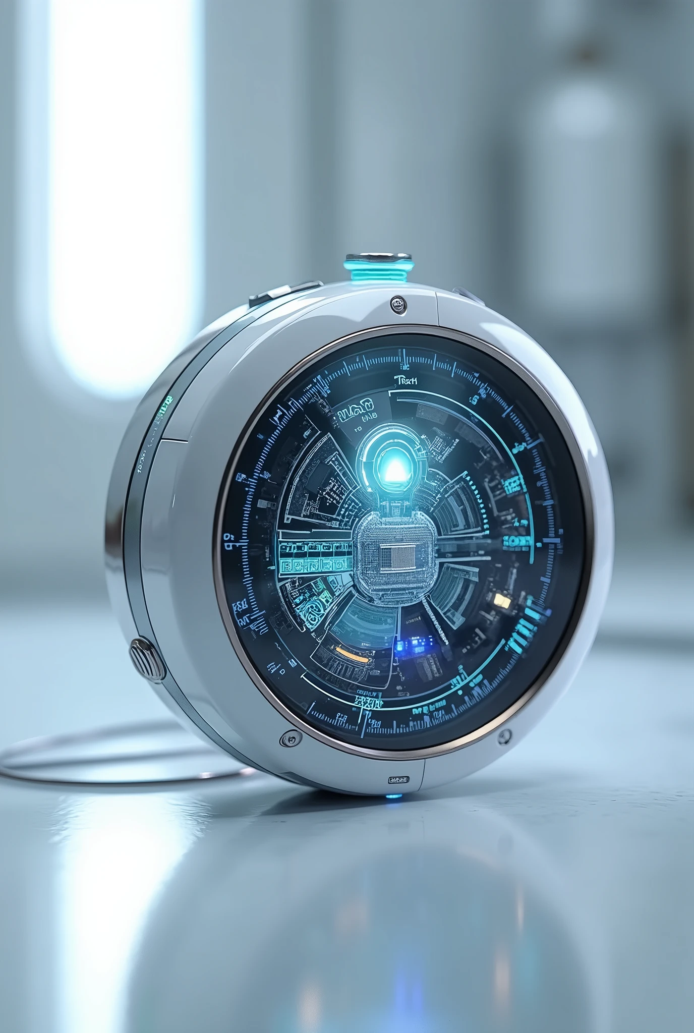 Create a patent design illustration for a futuristic portable medical device inspired by a Star Trek tricorder. The device should be circular in shape with a sleek, minimalist design. It features a touchscreen display and can be used as a wearable device, such as a pendant, smartwatch, or keychain. The illustration should show the device in an exploded view, highlighting its internal components and various potential uses. Emphasize versatility and compactness in the design, with clean lines and a high-tech aesthetic, suitable for modern wearable technology