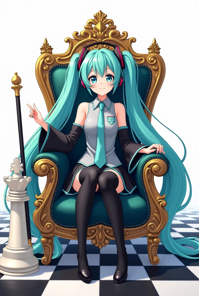 Japanese anime, anime art, anime style, detailed drawing, white background, high definition, high quality, high resolution, chessboard (floor), white king (chess), crown, sceptre, throne, one girl, solo, Miku Hatsune, aqua hair, twintails, head ornament (black / red line), headphones, 01 (number tattoo), grey shirt, collared shirt, sleveless shirt, black sleeves (aqua line), detached sleeves, aqua necktie, aqua nails, black skirt (aqua line), pleated skirt, mini skirt, zettai ryouiki, thigh boots, black thigh-high (aqua line), Hatsune Miku wearing a crown and holding a long spectre; she sits on the throne; the throne is set on a chessboard. Add a white king (chess) beside her.