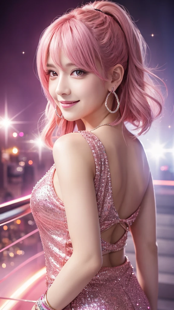 solo, One person, High resolution, chest, masterpiece, Highest quality, Sparkle Effect, Pink eyes, smile, Gaze, Winner of numerous awards, High detail, Pink Hair, Tying up hair, Hoop Earrings, Character portrait, Sparkle Effect, Cinematography, 